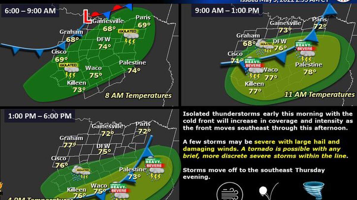 Severe weather that was expected to hit North Texas and the Dallas-Fort Worth Metroplex late Wednesday evening has been delayed and pushed into Thursday morning.