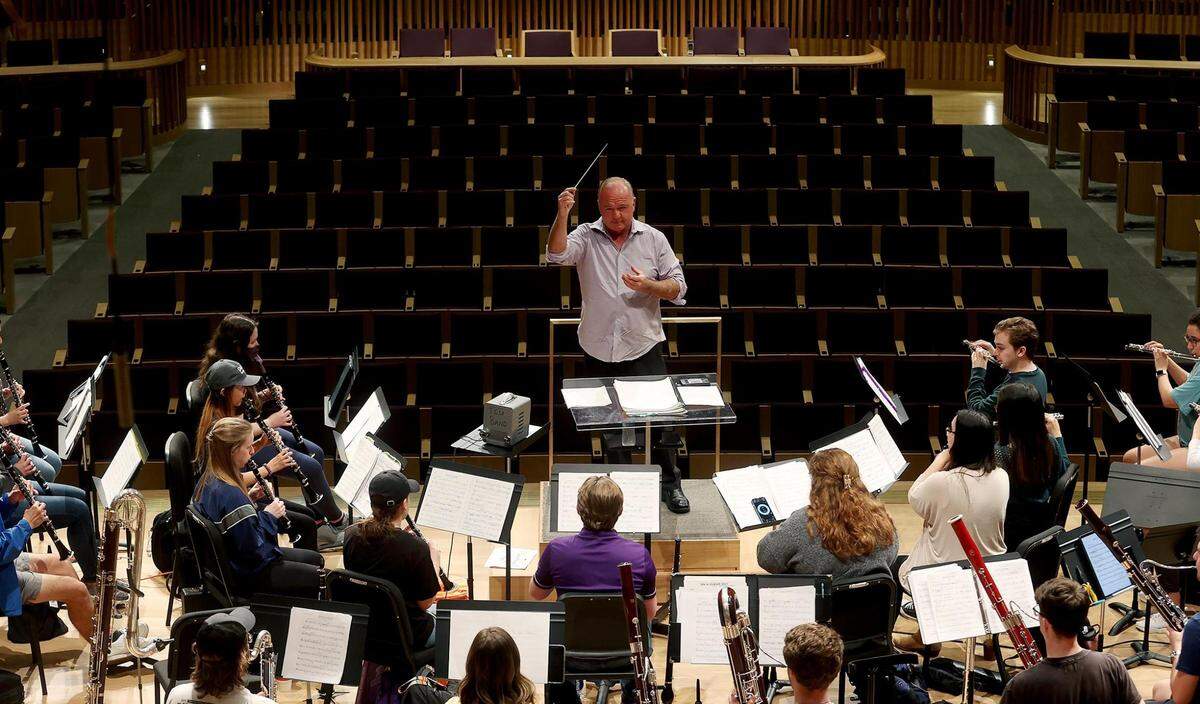 Bob Francis conducts the TCU wood symphony during a rehearsal at the Van Cliburn Concert Hall on Monday, April 4, 2022. The Van Cliburn Concert Hall, located inside TCU’s new $53 million Music Center, will host its first public event on Friday.