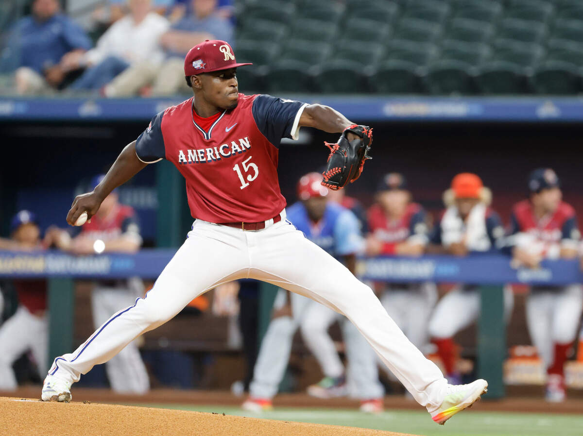 American League pitcher Emiliano Teodo (15) of the AA Frisco RoughRiders works in the first inning during the minor league all-stars Futures Game at Globe Life Field in Arlington, Texas, Saturday July 13, 2024. (Special to the Star-Telegram/Bob Booth)
