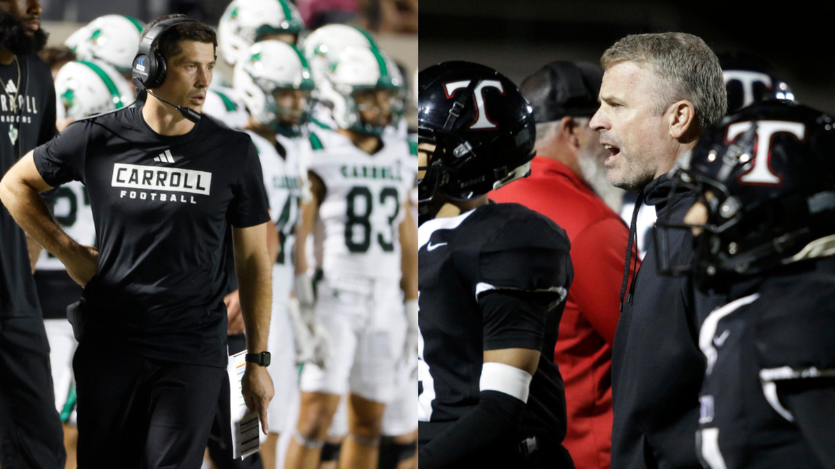 Southlake Carroll head coach Riley Dodge (left) and Euless Trinity head coach Aaron Lineweaver (right) are set to face off in a rivalry game on Friday.