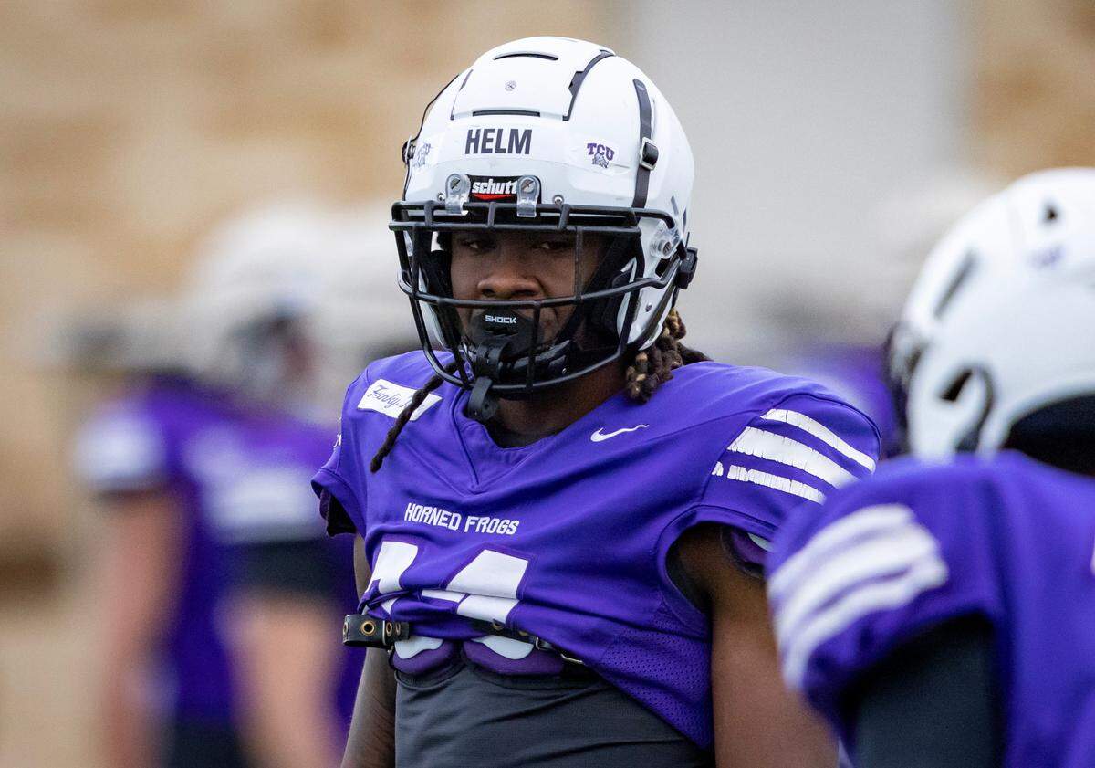 TCU cornerback Avery Helm pauses during TCU football’s spring practice in Fort Worth on Wednesday, April 5, 2023. Helm transferred from the Florida Gators to the Horned Frogs for the upcoming season.