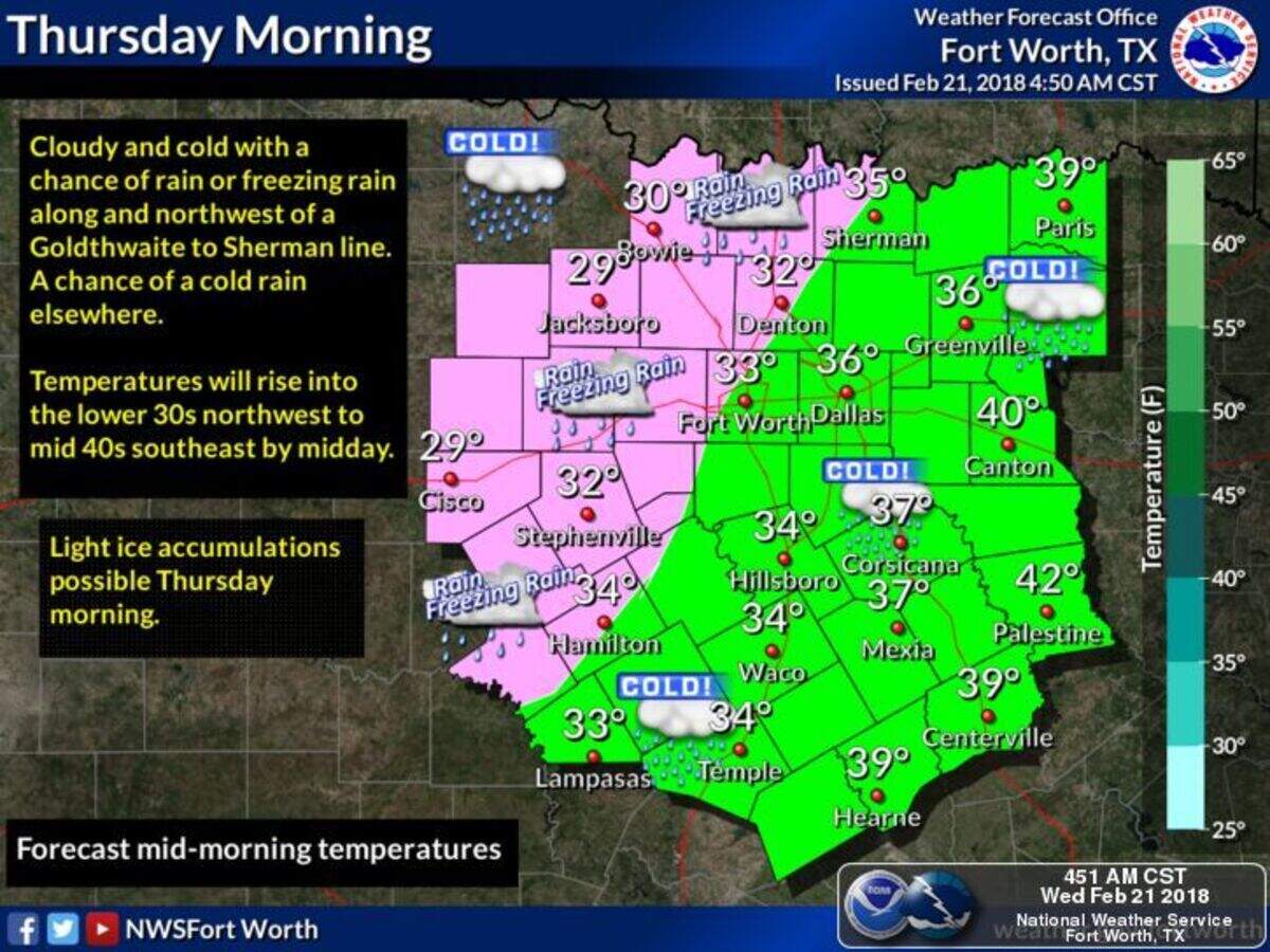 The  freeze line could stretch into Tarrant County Thursday morning but hazardous roads are expected to stay west of Fort Worth