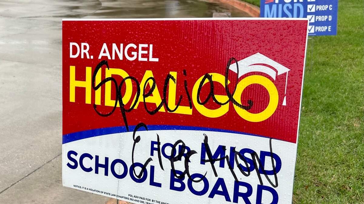 One of the campaign signs for former Mansfield school board candidate Angel Hidalgo outside the Mansfield Subcourthouse on election day May 4, 2024. The sign has “special election” scribbled on it because Hidalgo was declared ineligible to be elected since he was not a registered voter in Tarrant County until March; however if he gained enough votes a special election would have taken place.