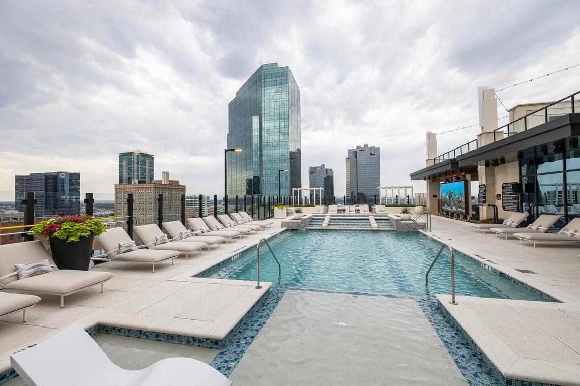 The courtyard pool on the 24th floor of the new Deco 969 High-Rise Apartments in downtown Fort Worth on Wednesday, July 17, 2024.