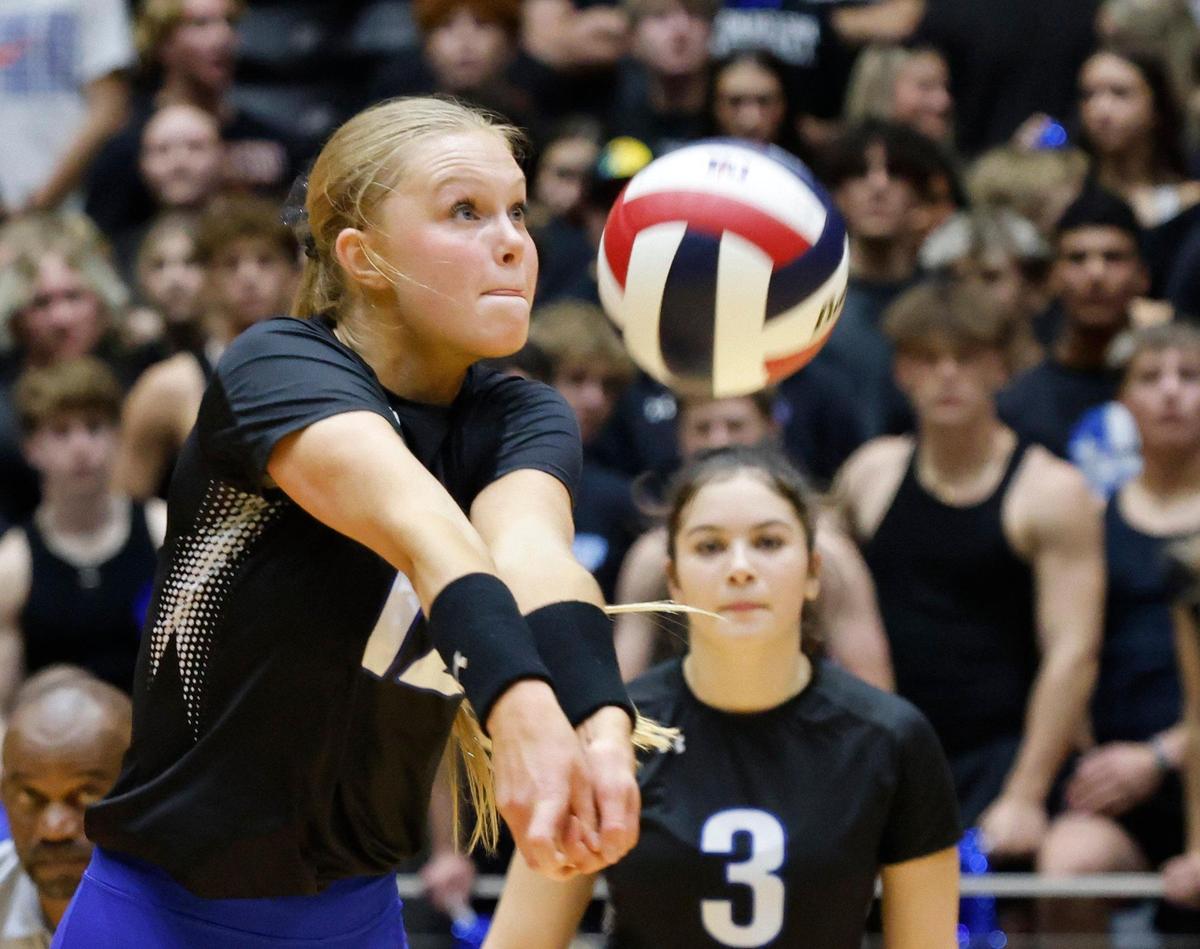 Byron Nelson Ashlyn Seay (12) sets the ball during the UIL 6A D2 State Final volleyball match at Curtis Culwell Center in Garland Texas, Saturday, Nov. 23, 2024.