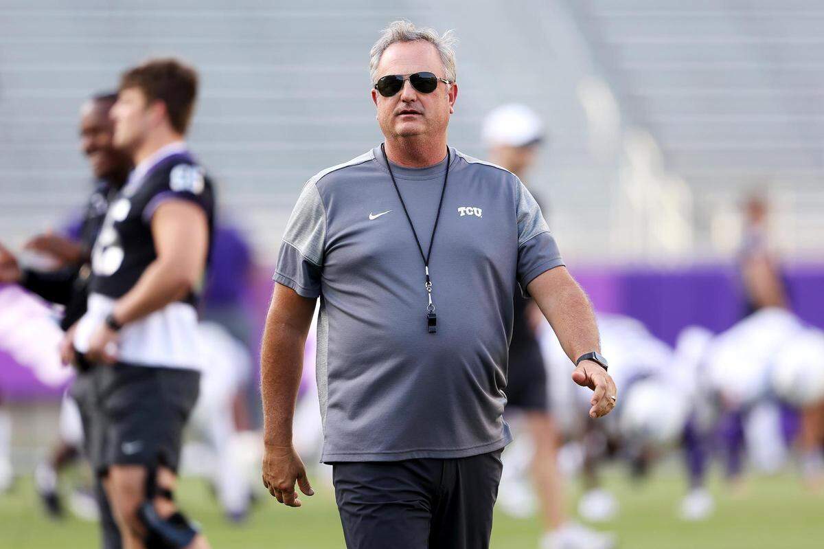 TCUy football head coach Sonny Dykes walks the field before the start of the team’s spring game on April 22.