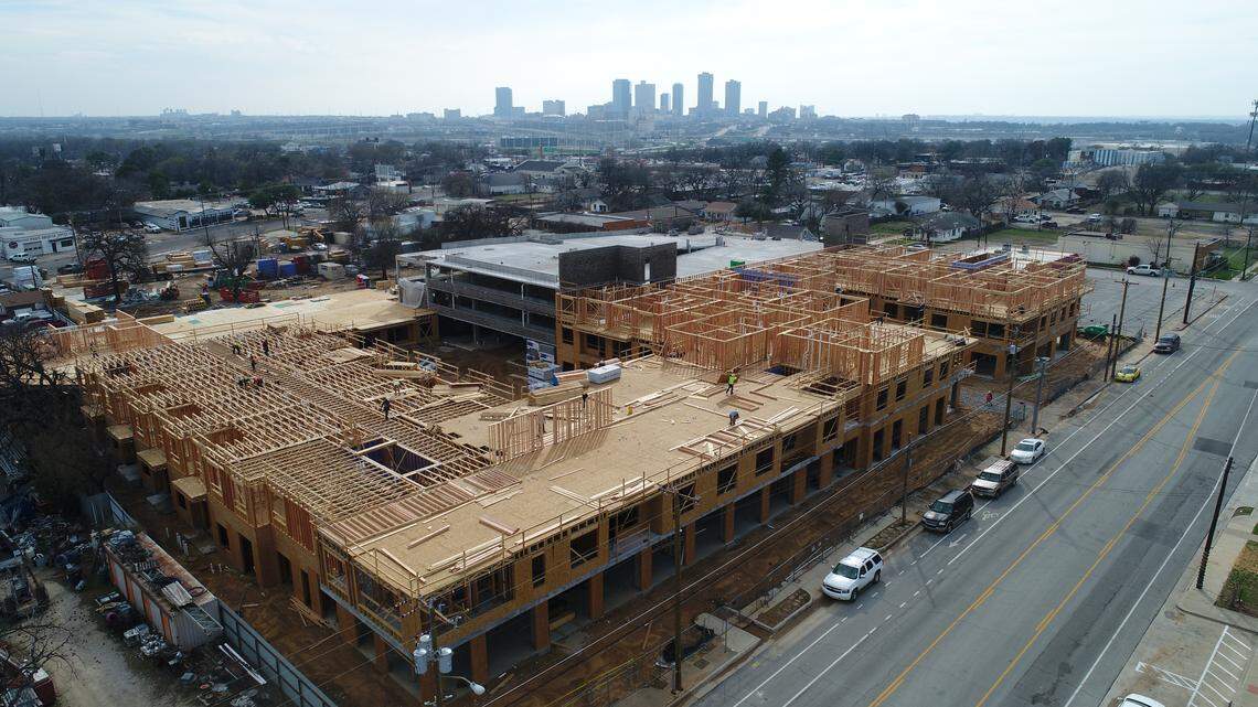 Aerial view of the River East apartments under construction on Race Street.