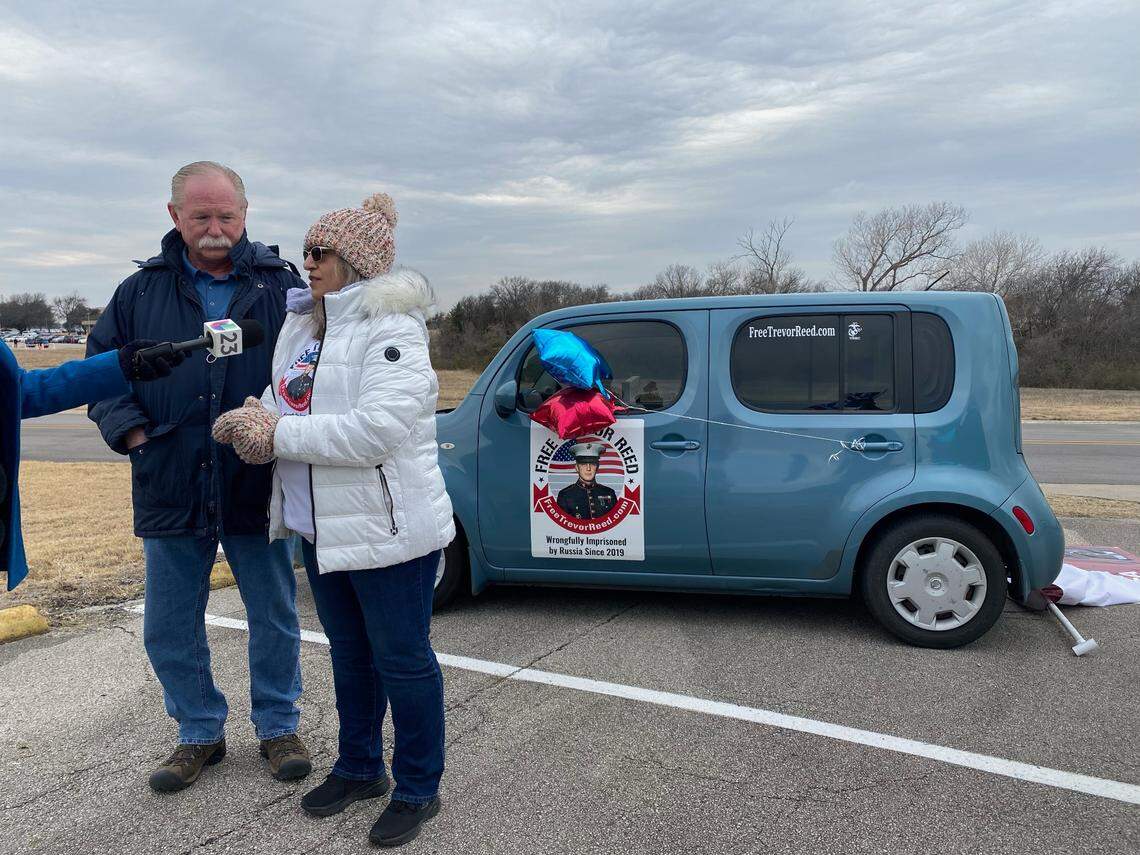 Joey and Paula Reed, parents of Trevor Reed, wait outside the Tarrant County Resource Connection in Fort Worth, Texas on Tuesday, March 8, 2022, hoping to speak with President Joe Biden about their son’s imprisonment in Russia.