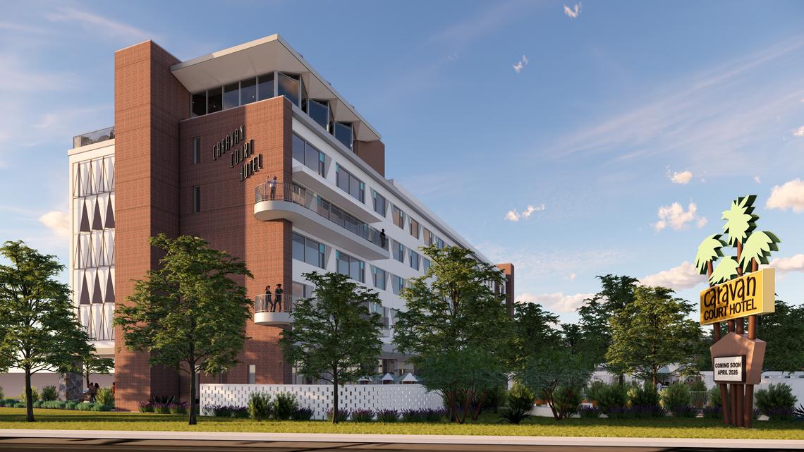 A rendering of the new Caravan Court Hotel’s six-floor tower along Division Street. The developer is preserving as much of the original sign as possible. The former Caravan Motor Hotel was built in the early 1960s.