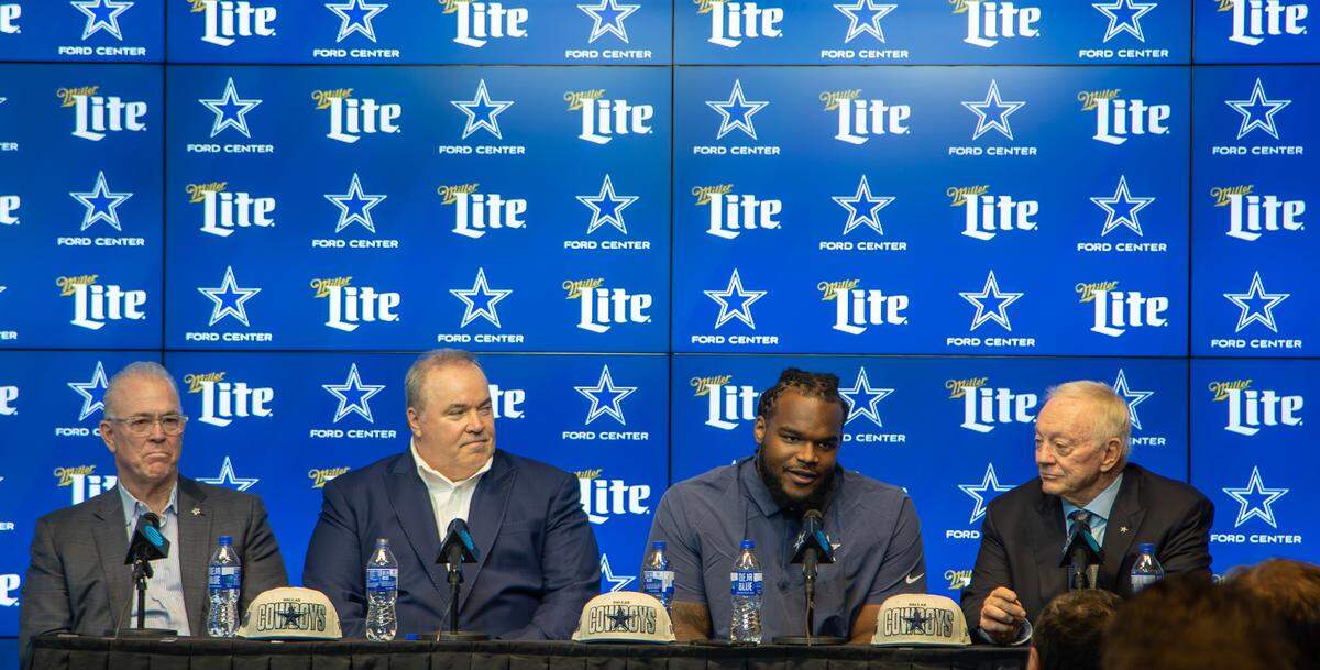CEO Stephen Jones, Coach Mike McCarthy, defensive tackle Mazi Smith and owner Jerry Jones talk during a press conference at The Star, the Dallas Cowboys World Headquarters and practice facility in Frisco, Texas, on Friday, April 28, 2023. Smith was the Cowboys’ first pick of the 2023 NFL Draft.