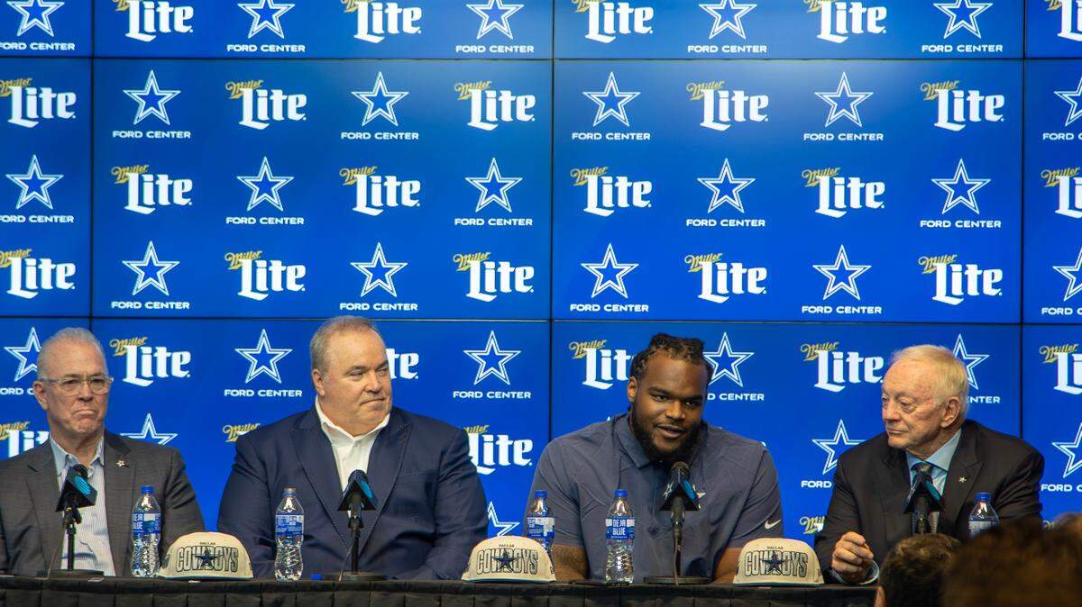 CEO Stephen Jones, Coach Mike McCarthy, defensive tackle Mazi Smith and owner Jerry Jones talk during a press conference at The Star, the Dallas Cowboys World Headquarters and practice facility in Frisco, Texas, on Friday, April 28, 2023. Smith was the Cowboys’ first pick of the 2023 NFL Draft.