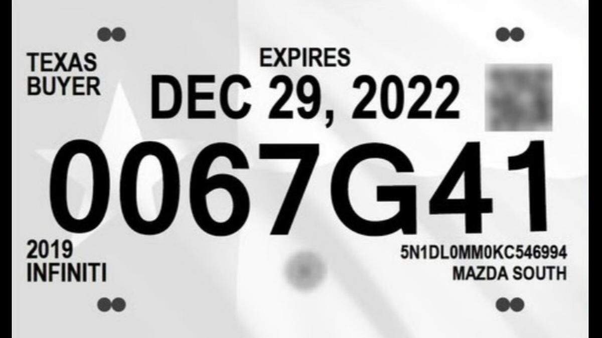 Officials with the Texas Department of Motor Vehicles announced that Texas temporary tags are getting a major design overhaul. This is a photography of one, but officials noted that certain security elements of the temporary tag depicted in the photo have been modified so they cannot be digitally replicated.