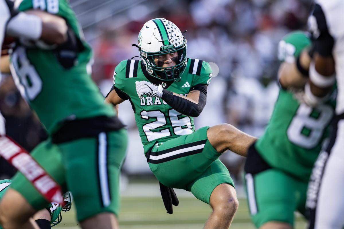 Southlake Carroll kicker Gavin Strange (25) kicks an extra point in the first half in the first half of a high school game between Southlake Carroll and Euless-Trinity at Dragon Stadium in Southlake on Friday, Sept. 19, 2025.