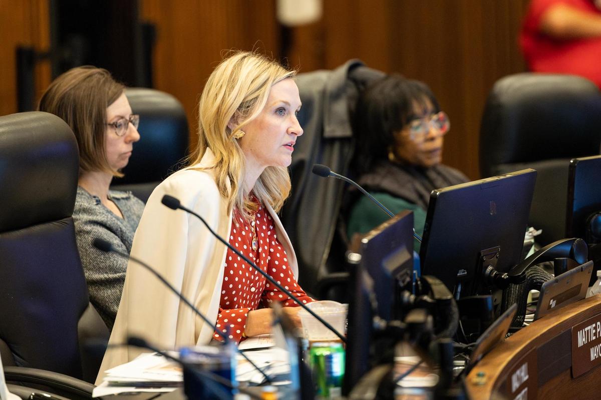 Fort Worth Mayor Mattie Parker expresses her support for the proposed Mercy Culture Church human trafficking victim shelter to be built during a city council meeting in Fort Worth on Tuesday, Dec. 10, 2024.
