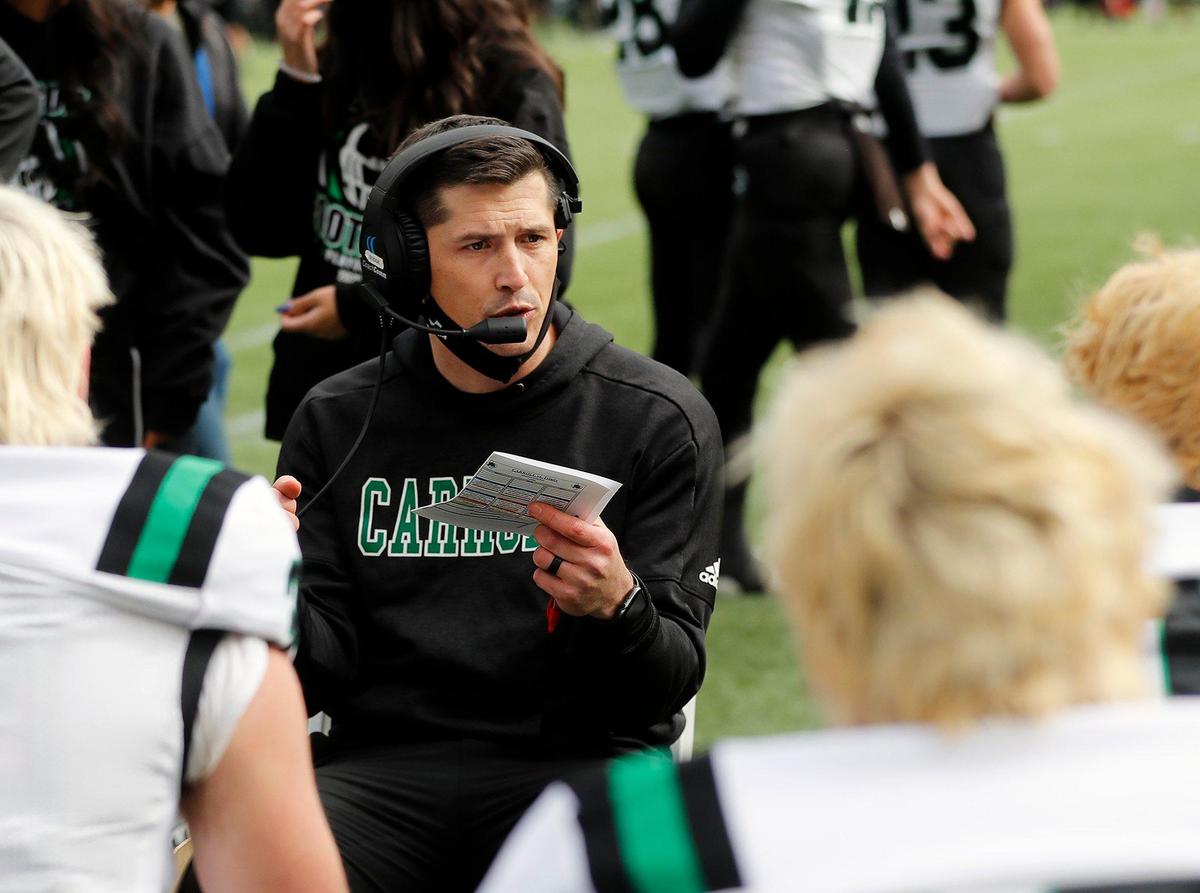 Southlake’s head coach Todd Dodge coaches up players during the 6A division 1 quarterfinals at Globe Life Park in Arlington, Texas, Saturday, Jan. 02, 2021. Southlake led Trinity 38-21 at the half. (Special to the Star-Telegram Bob Booth)