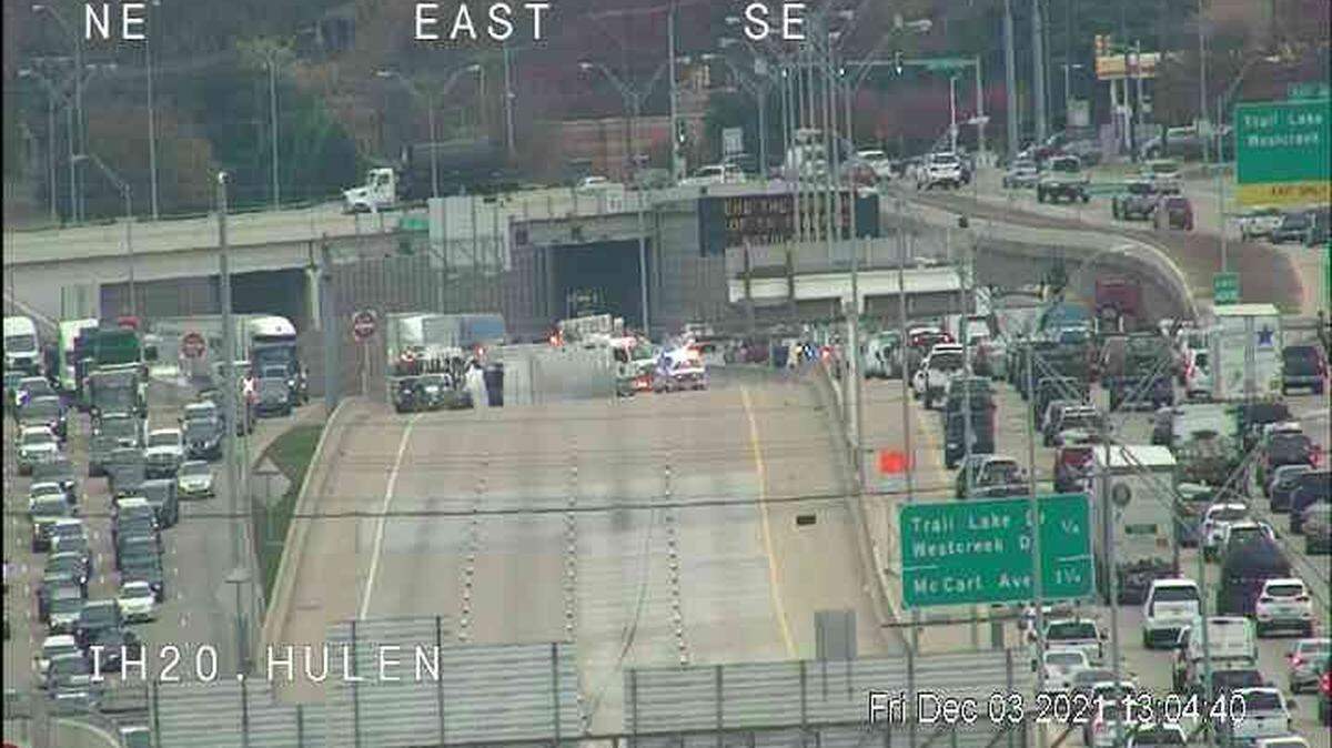 Some westbound I-20 lanes in Fort Worth were closed after an 18-wheeler overturned, police said Friday afternoon.