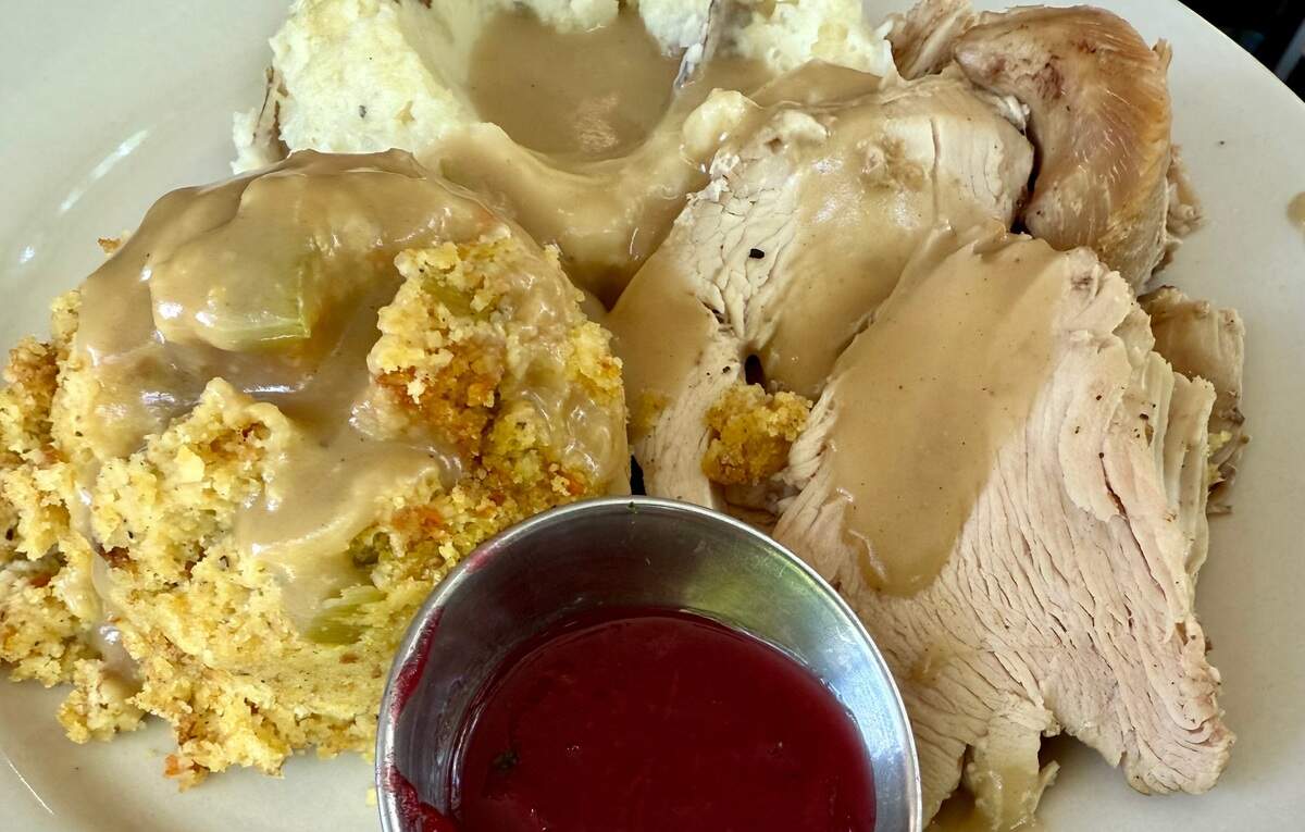Turkey and dressing with mashed potatoes and cranberry sauce, a Sunday special at the Stagecoach Inn Restaurant in Salado, Texas, as seen June 1, 2025.