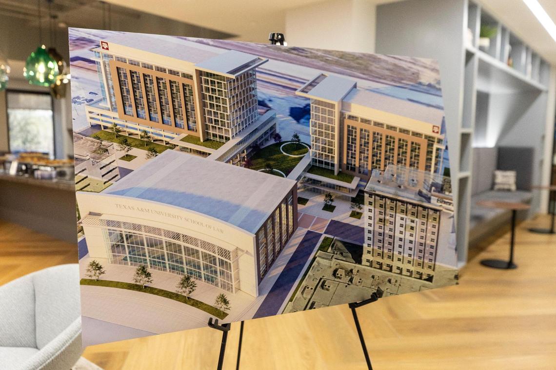 During a meeting to introduce the new Texas A&M-Fort Worth campus, there is an artistic rendering of the three-building campus, on Thursday, Jan. 19, 2023, at Burnett Plaza.