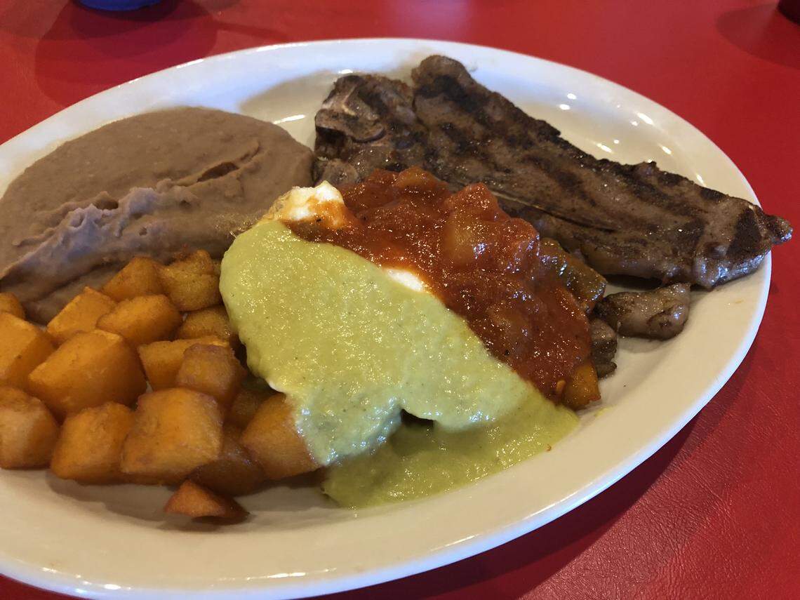 El Tejas' breakfast menu offers a T-bone and eggs, shown with ranchero and verde sauces.