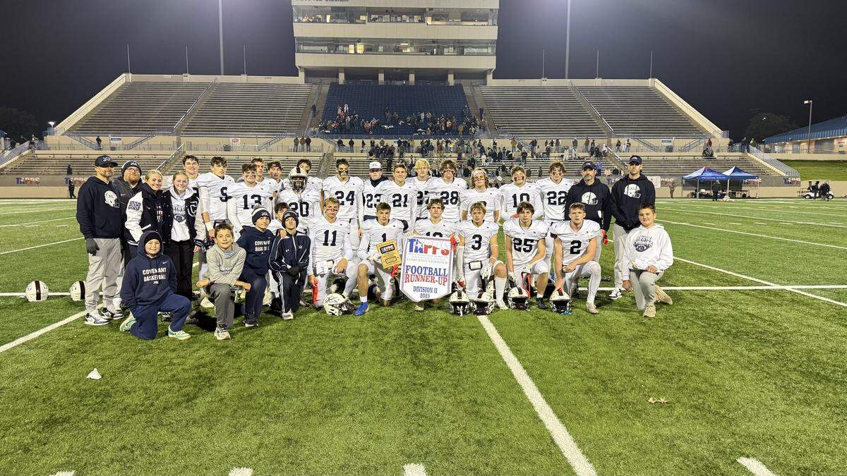 Fort Worth Covenant Classical poses for a team picture after falling short in the TAPPS Six Man Division II state championship game in Waco, Texas, Thursday, Dec. 4, 2025.
