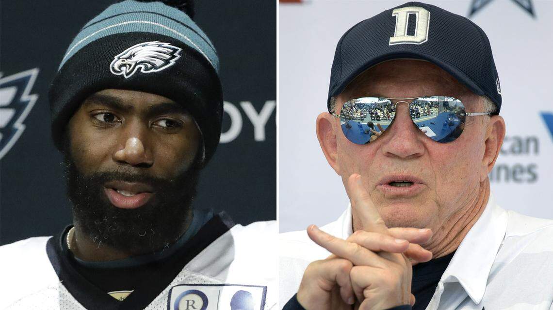 Eagles safety Malcolm Jenkins and Cowboys owner Jerry Jones are pictured together in this composite photo.
