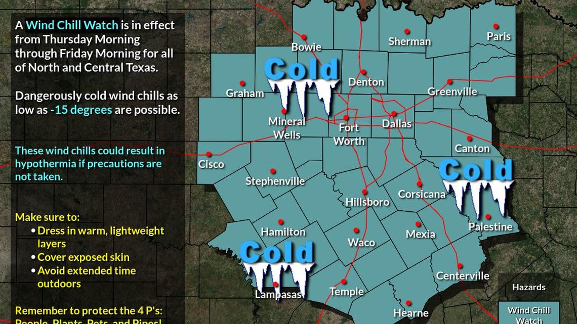 Wind chill watch in effect Thursday across North and Central Texas