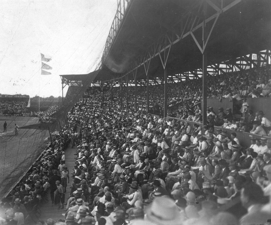 April 11, 1928: Opening day for the Fort Worth Cats at LaGrave Field in Fort Worth, where the bleachers were filled with fans.