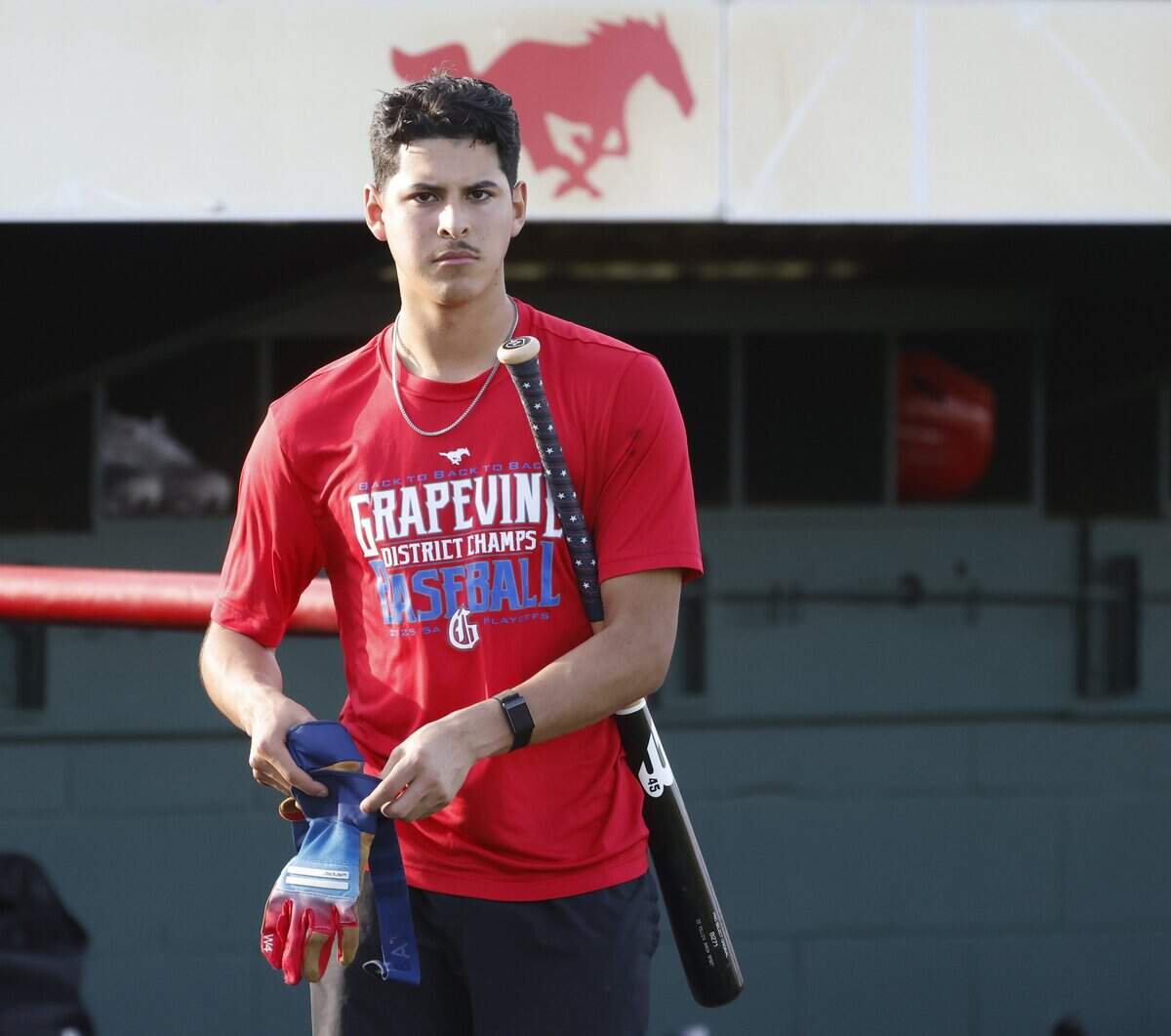 Catcher Gianni Corral prepares to take batting practice during Grapevine Mustang baseball practice at Grapevine High School in Grapevine, Texas, Tuesday Feb. 17, 2026.
