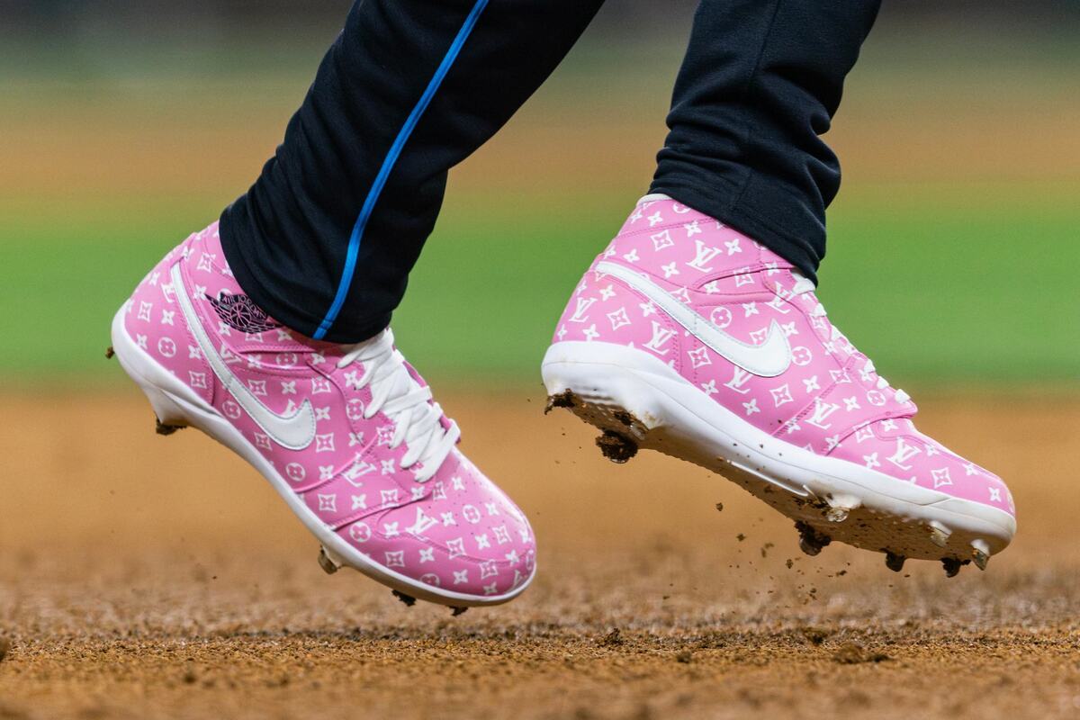 Cincinnati Reds shortstop Elly De La Cruz wears custom Nike and Louis Vuitton cleats for the 2024 MLB All Star Game at Globe Life Field in Arlington on Tuesday July 16, 2024.