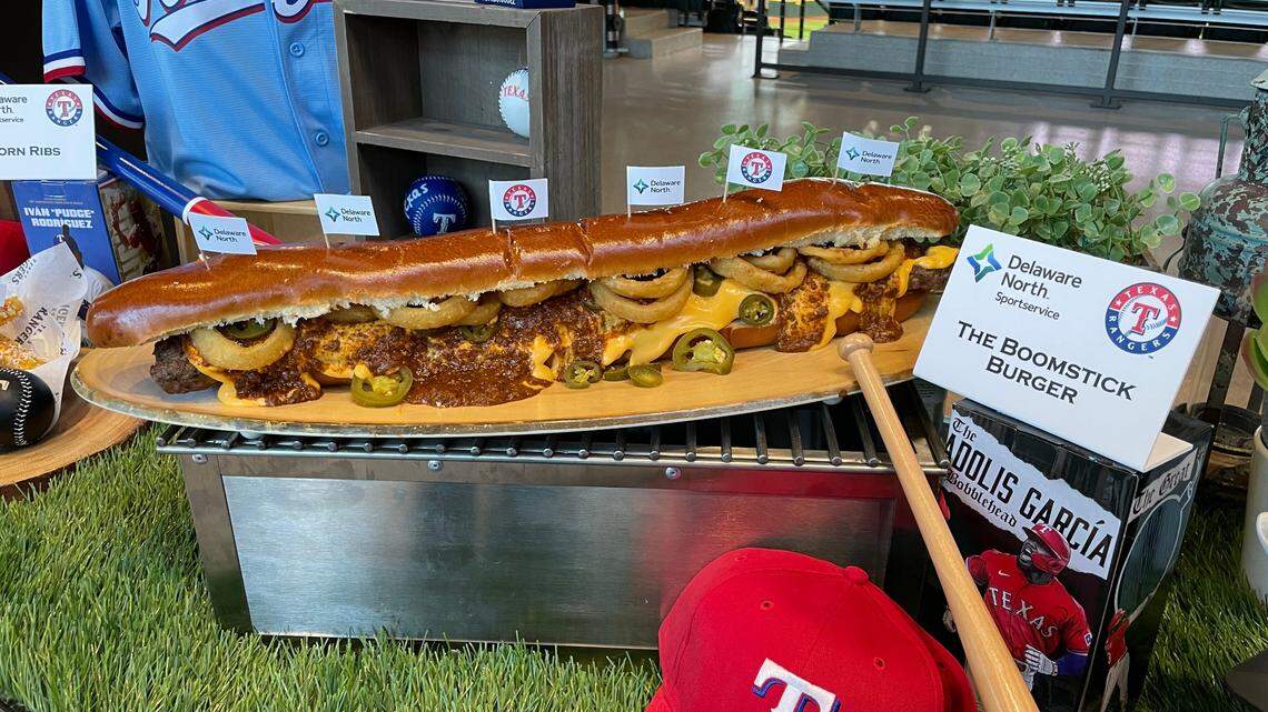 Sitting at 2-feet long, the “Boomstick Burger” is designed to feed four or one hungry Texas Rangers fan.