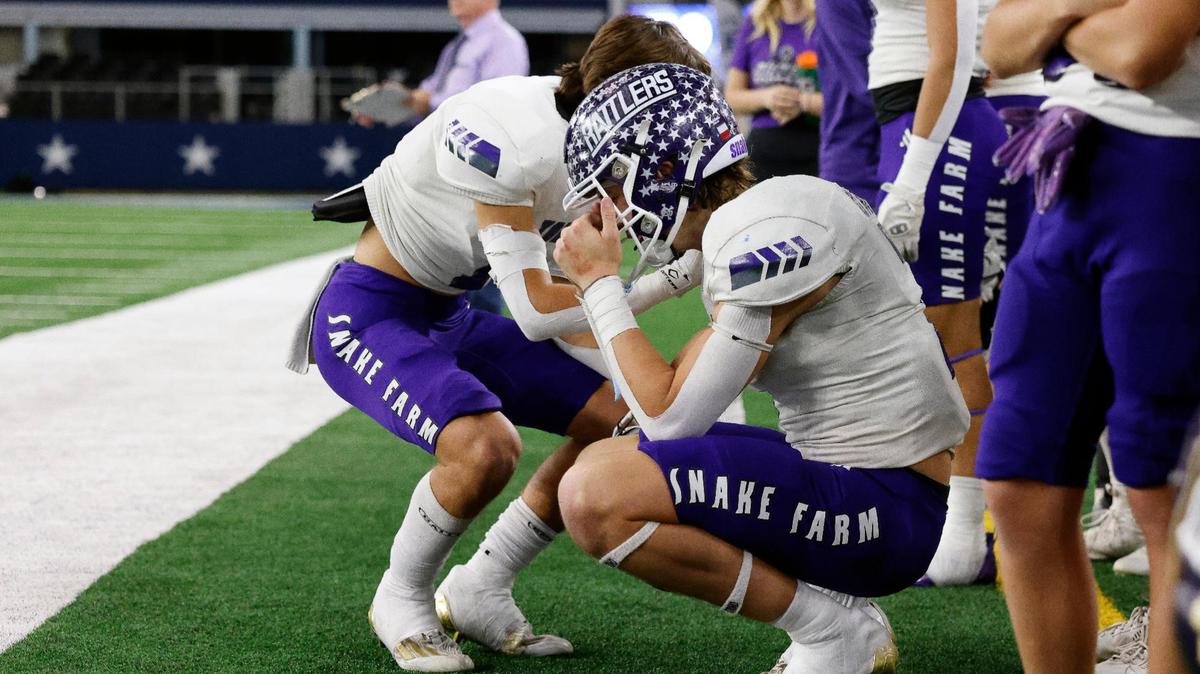 Tolar’s Cutter Cain (7) kneels during during the second half of a UIL Conference 2A Division I state championship football game at AT&T Stadium in Arlington, Texas, Wednesday, Dec. 13, 2023.