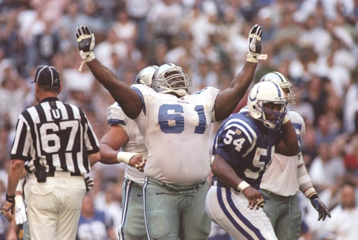 15 Sep 1996: Offensive lineman Nate Newton of the Dallas Cowboys celebrates during a game against the Indianapolis Colts at Texas Stadium in Irving,Texas. The Colts won the game, 25-24. Mandatory Credit: Brian Bahr /Allsport