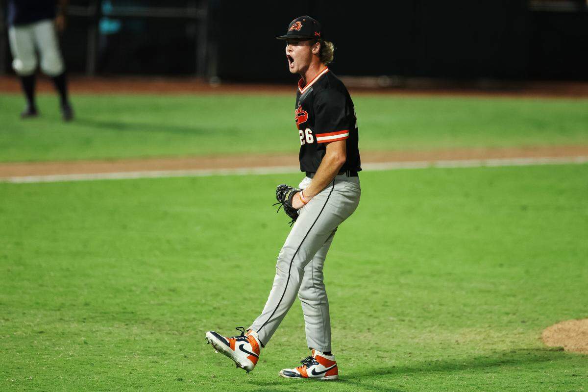 Aledo starting pitcher Devin Miller yells in celebration after striking out a batter in the Class 5A Division I state championship game against Smithson Valley on Friday, June 6, 2025 at Dell Diamond in Round Rock, Texas.