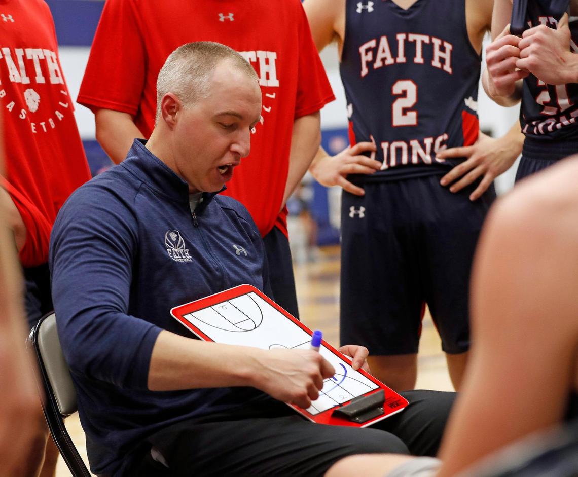 Grapevine Faith’s head coach Matt Saymana draws up a play during the TAPPS 5A regional basketball playoff game at Grace Prep in Arlington, Texas, Saturday, March 06, 2021. Grapevine Faith defeated Dallas Christian 52-48. (Special to the Star-Telegram Bob Booth)
