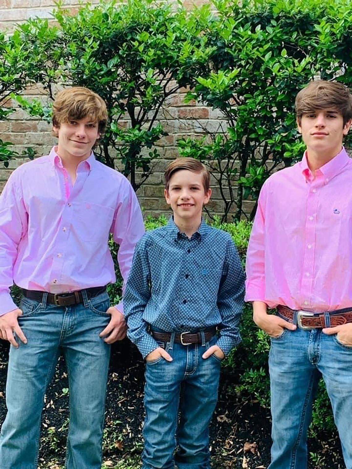 This undated photo provided by the family via Houston Northwest Church shows, from left to right, Carson Collins, Hudson Collins and Waylon Collins, who authorities believe were all killed by Gonzalo Lopez, 46, a convicted murderer who escaped from prison.