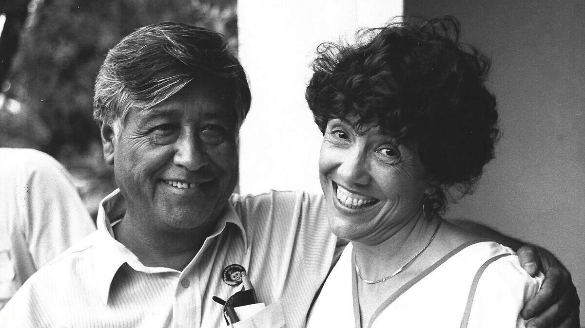 Cesar Chavez and Billie Reyna Dolenz when Chavez visited Dolenz’s Fort Worth home for a reception/fundraiser in September 1985.