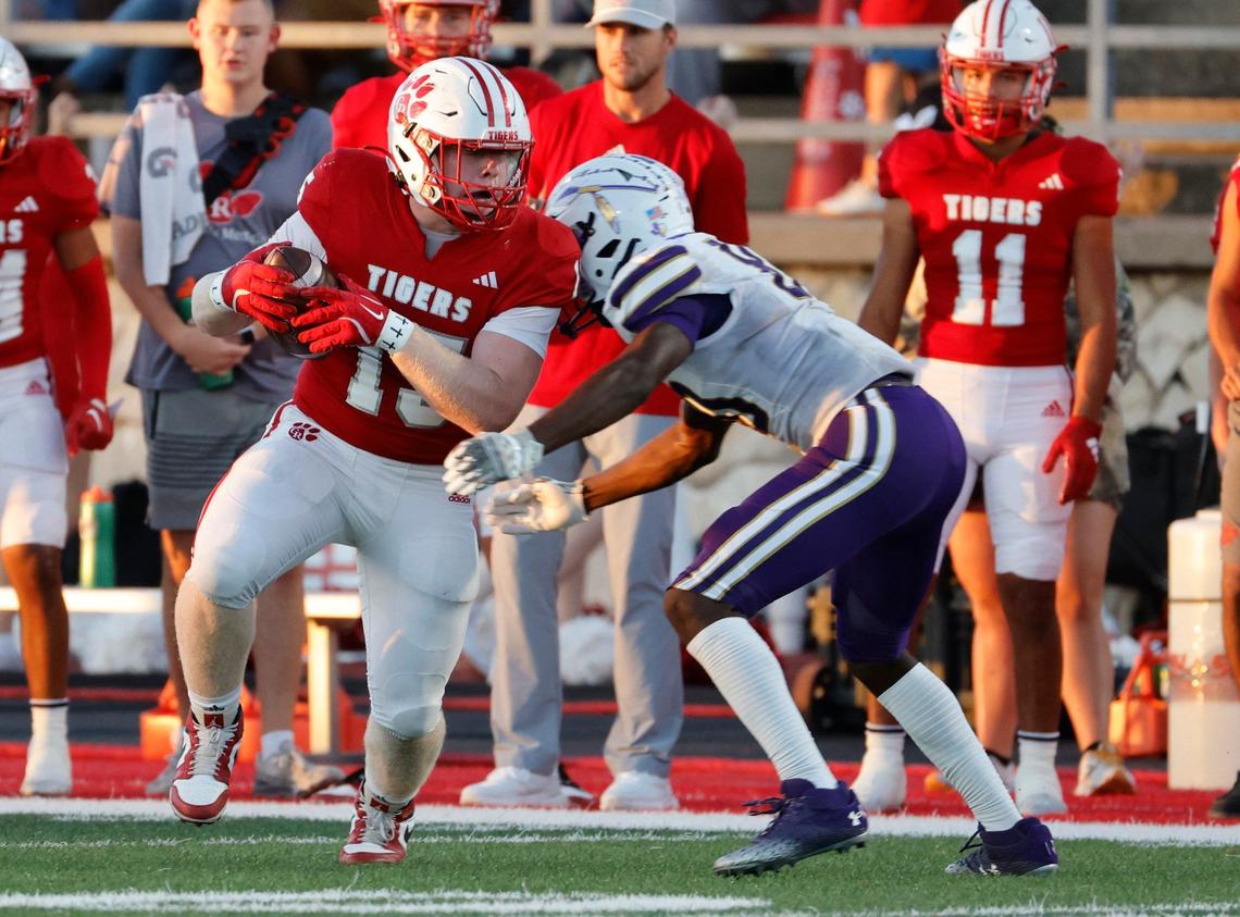 Glen Rose tight end Keltyn Raymond (15) is stopped after a short gain during a UIL football game at Tiger Stadium in Glen Rose Texas, Friday, Sept. 27, 2024.