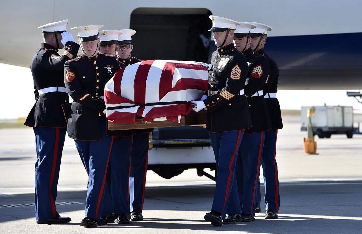 When soldiers’ remains are found, they are buried in a full military ceremony like this 2017 event in Kansas City for Marine Pfc. Donald Tolson, killed in action in the Battle of Tarawa in World War II.