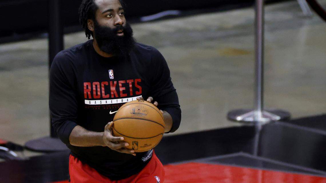 Houston Rockets’ James Harden warms up prior to an NBA basketball game against the Los Angeles Lakers, Sunday, Jan. 10, 2021, in Houston. (Carmen Mandato/Pool Photo via AP)