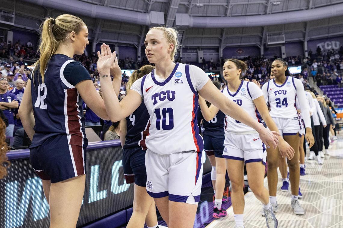 TCU guard Hailey Van Lith (10) acknowledges the Fairleigh Dickinson girls basketball team after TCU defeated FDU in the first round of the Women’s NCAA Championships Tournament game at Schollmaier Arena in Fort Worth on Friday, March 21, 2025.
