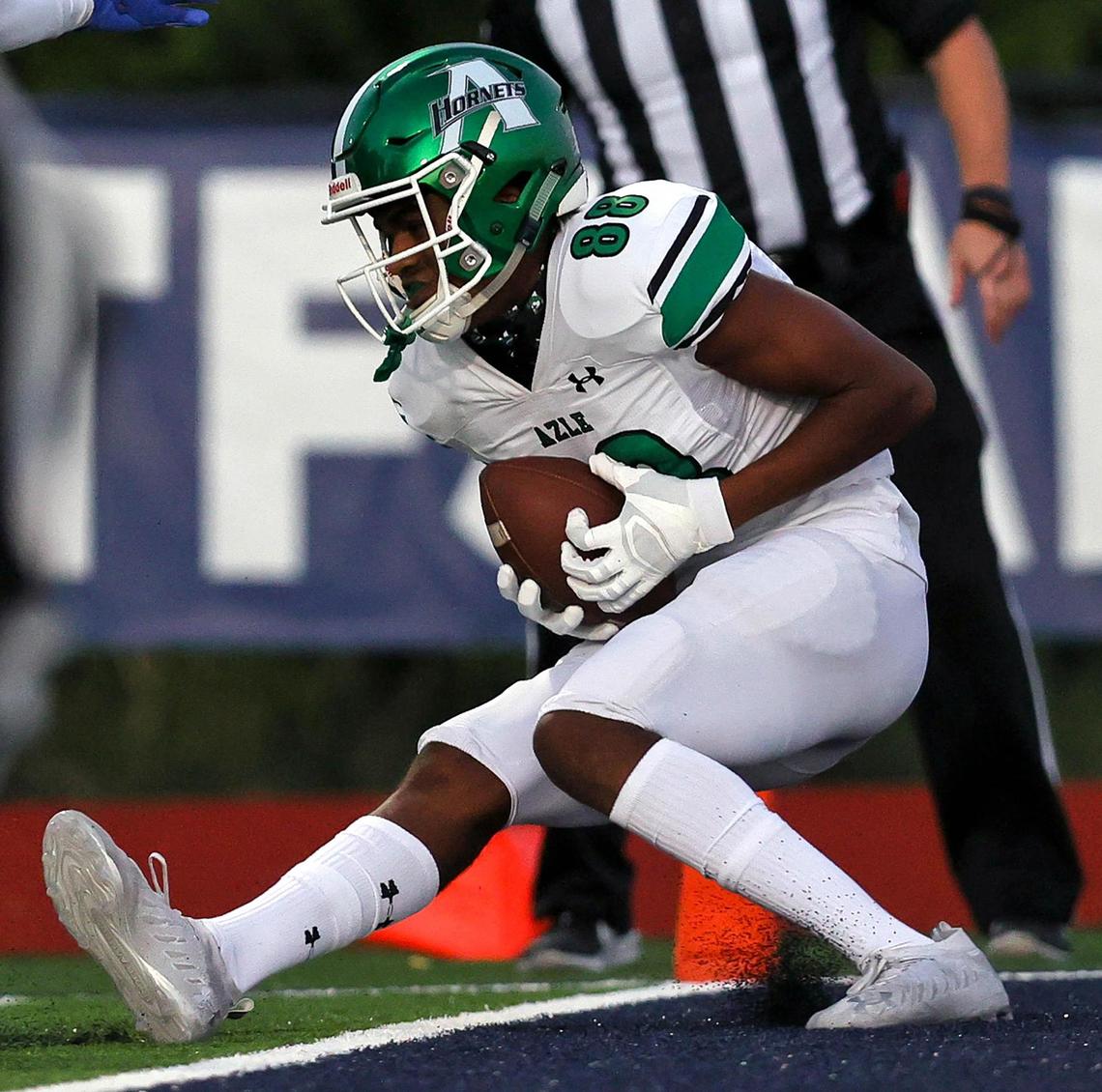 Azle receiver Eric Mcalister Jr (88) gets a touchdown reception against All Saints during the first half, Friday night, September 25, 2020 played at All Saints High School in Fort Worth, TX. (Steve Nurenberg Special to the Star-Telegram)