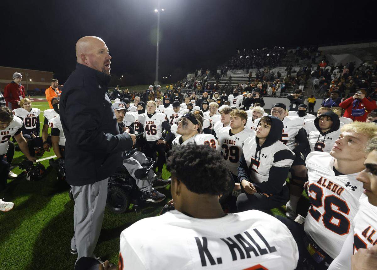 Aledo head coach Robby Jones tells his team to get ready to not only play in the state semifinals but go to win it after defeating Denton Ryan in a UIL Class 5A Division I Quarterfinal on Friday Dec. 05, 2025 at Northwest ISD Stadium in Fort Worth, Texas.