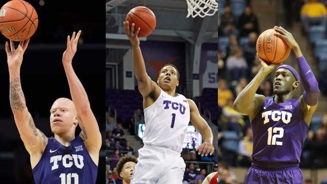 TCU basketball players Jaylen Fisher (L), Desmond Bane (center) and Kouat Noi (right) all applied for early entry into the NBA Draft. None of the players were invited to the NBA Combine.