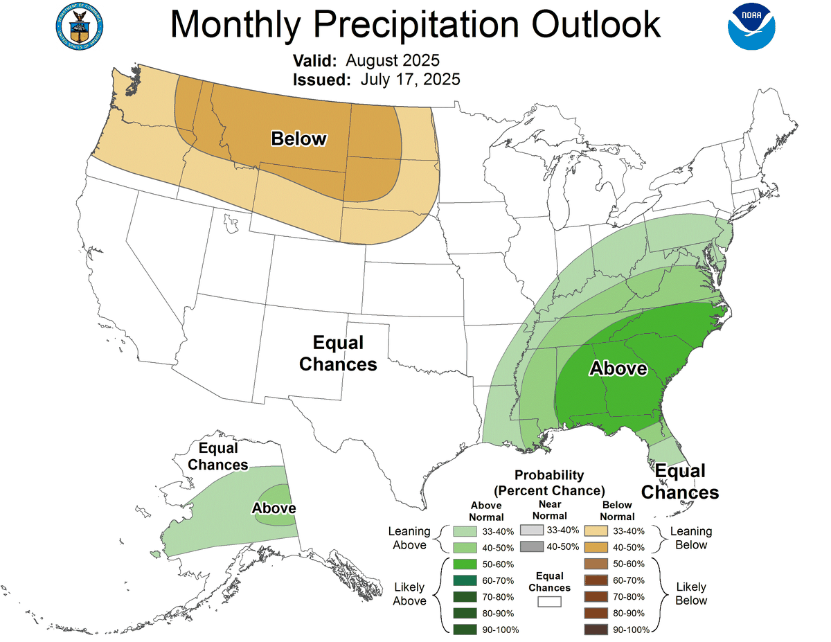 The monthly precipitation outlook for the U.S. in August 2025.