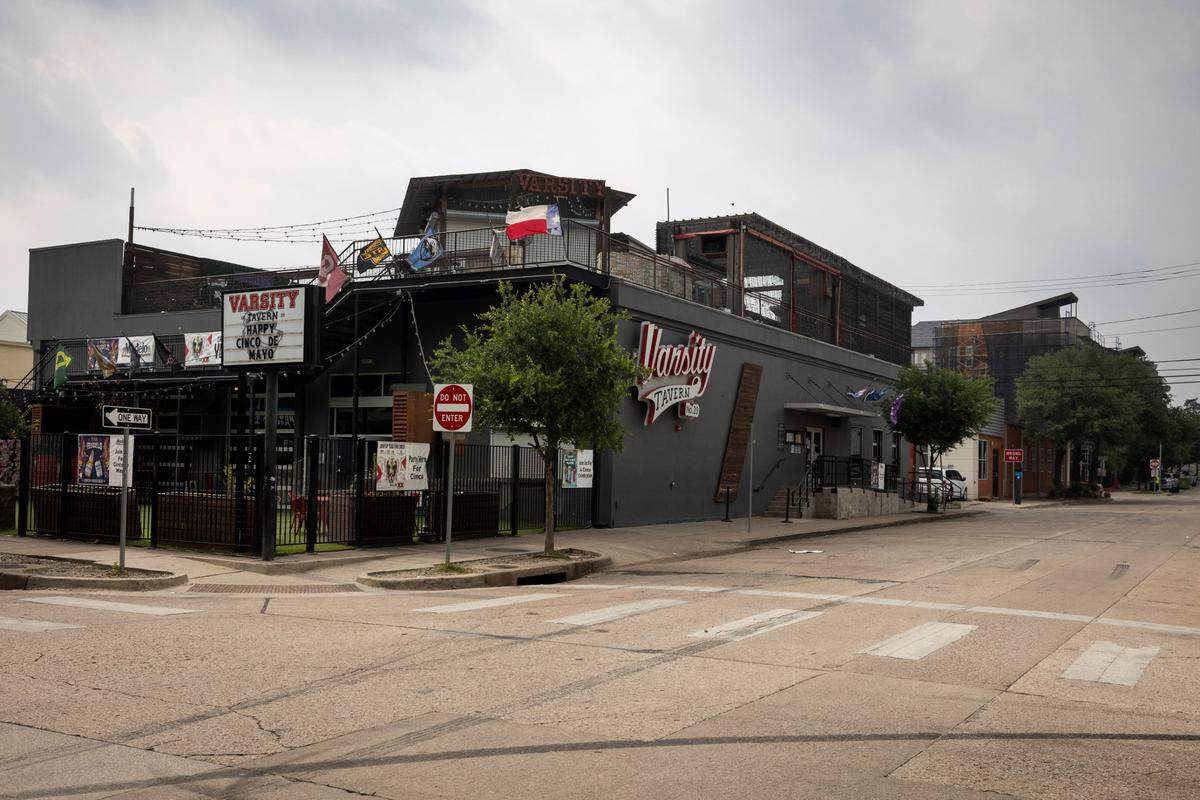 Varsity Tavern in the West 7th district of Fort Worth Monday, May 9, 2022. Two people were shot when a gunman opened fire into a crowd outside the bar early Sunday morning.