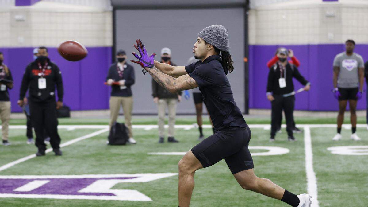 TCU safety Trevon Moehrig runs through DB drills at the school’s 2021 pro day, prepping for the NFL Draft.