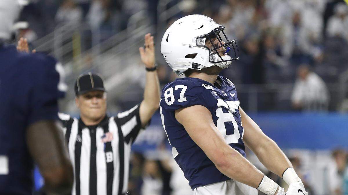 Penn State tight end Pat Freiermuth celebrates after catching a pass for a two-point conversion against Memphis in the second half of the NCAA Cotton Bowl college football game, Saturday, Dec. 28, 2019, in Arlington, Texas.