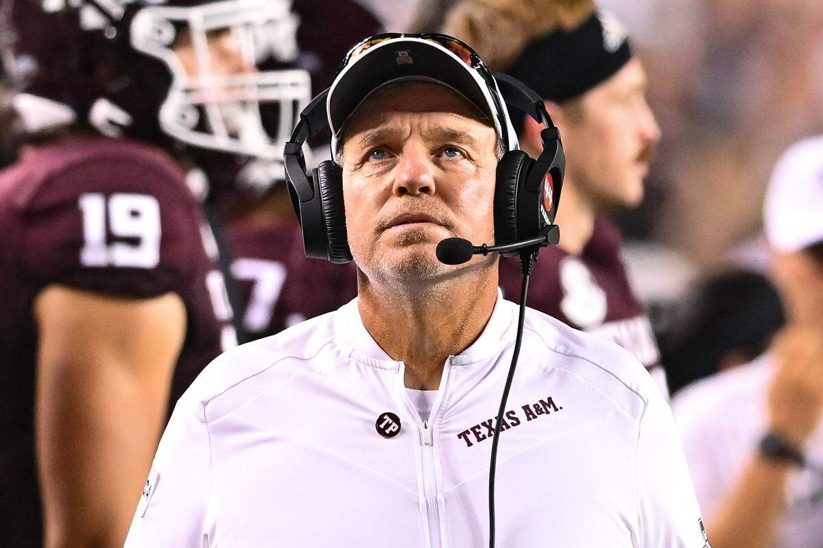 Sep 2, 2023; College Station, Texas, USA; Texas A&M Aggies head coach Jimbo Fisher looks on during the third quarter against New Mexico Lobos at Kyle Field. Mandatory Credit: Maria Lysaker-USA TODAY Sports