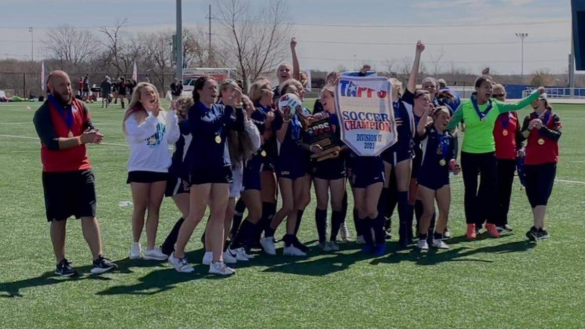 Grapevine Faith celebrates its third straight TAPPS girls soccer state title with a 7-1 win over Austin St. Michael’s in the D2 title game Friday at Round Rock Multipurpose Complex.