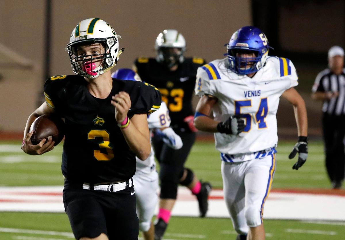 Benbrook quarterback Collin Thompson (3) takes off on a long gain in the first half of a Division II 4-4A high school football game at Farrington Field in Fort Worth, Texas, Thursday, Oct. 13, 2022. Benbrook led Venus 28-0 at the half. (Special to the Star-Telegram Bob Booth)